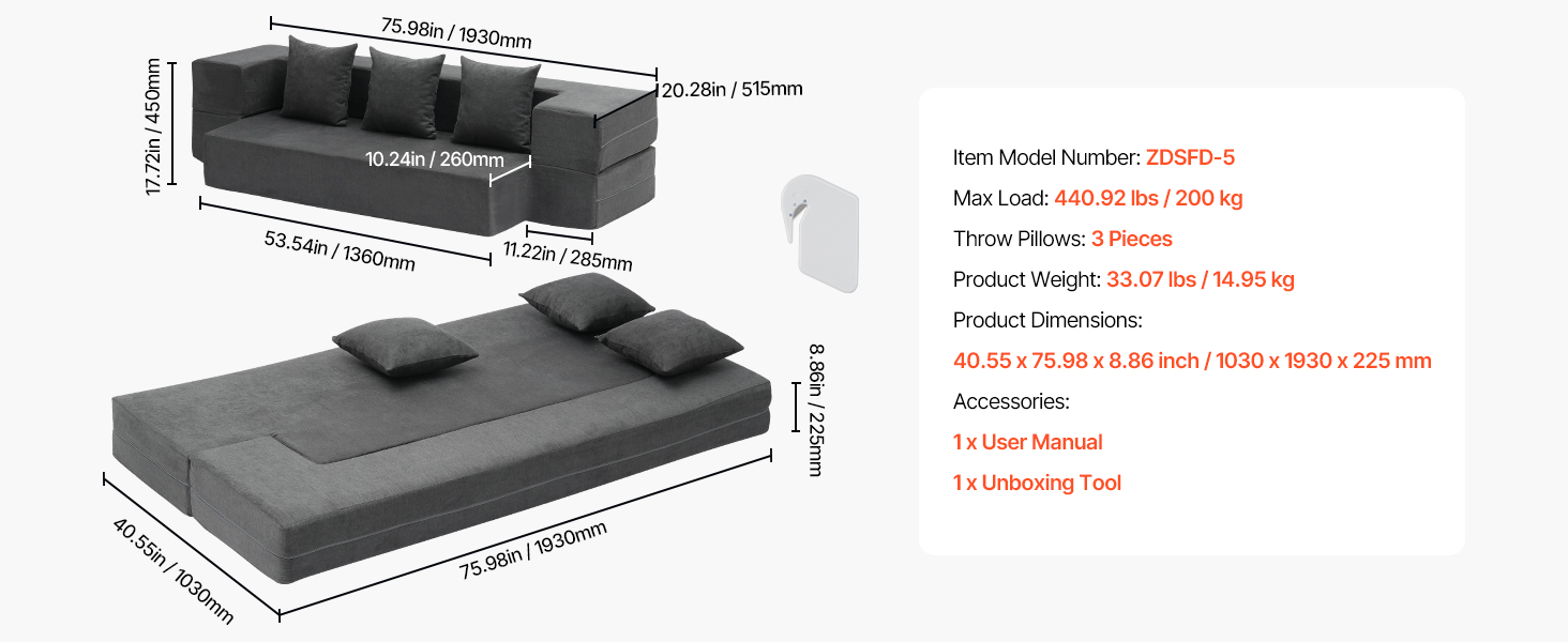 Folding sofa bed,3 pillows,dark grey