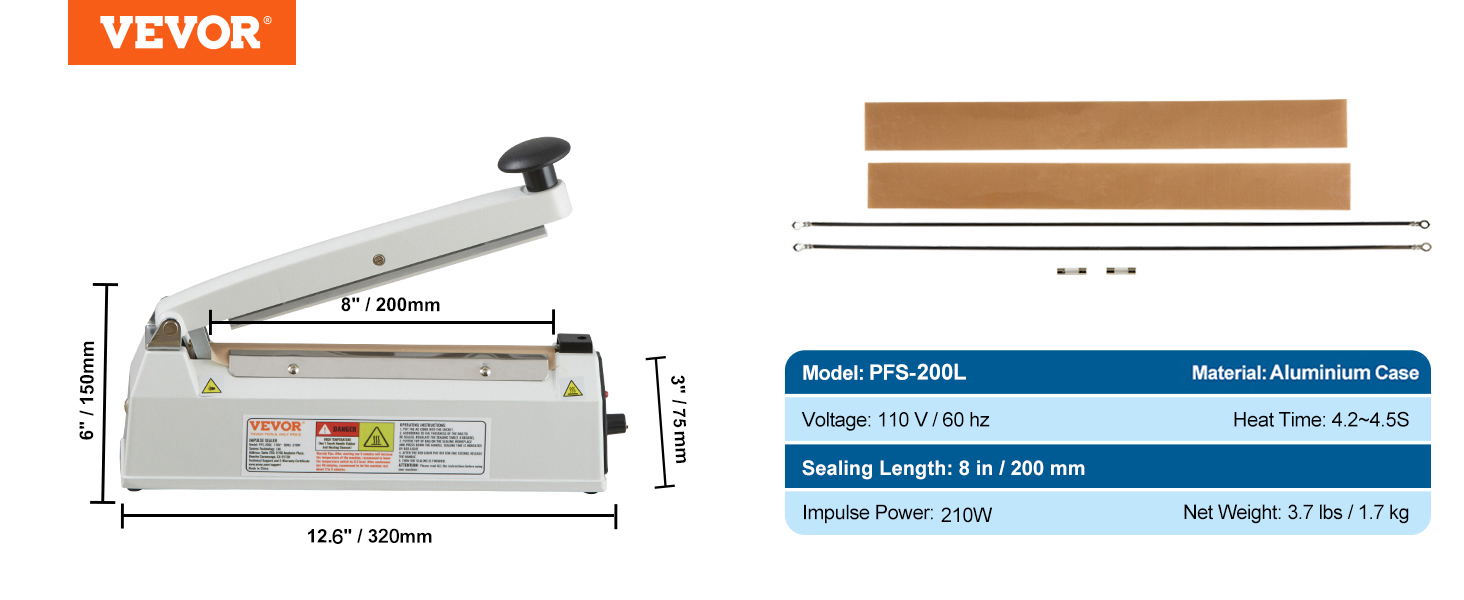 VEVOR Impulse Sealer 12 inch Manual Heat Seal Machine with Adjustable Heating Mode ABS Shrink Wrap Bag Sealers for Plastic Mylar PE PP Bags Portable