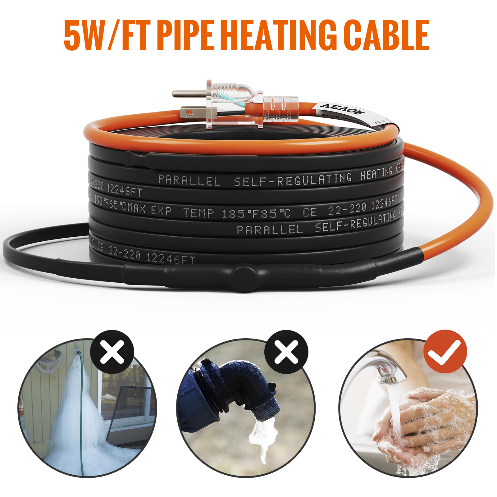 VEVOR Cable calefactor de tubería autorregulable, cinta térmica de 120 pies  5 W/pie para protección contra congelación de tuberías, protege mangueras