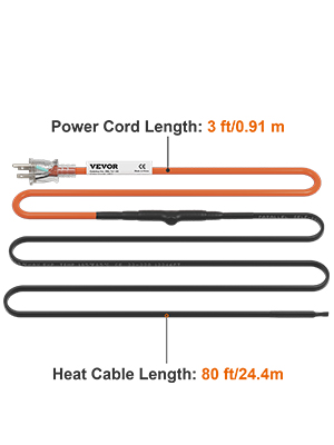 VEVOR pipe heating cable with 3-ft power cord and 80-ft heat cable length, orange and black design.