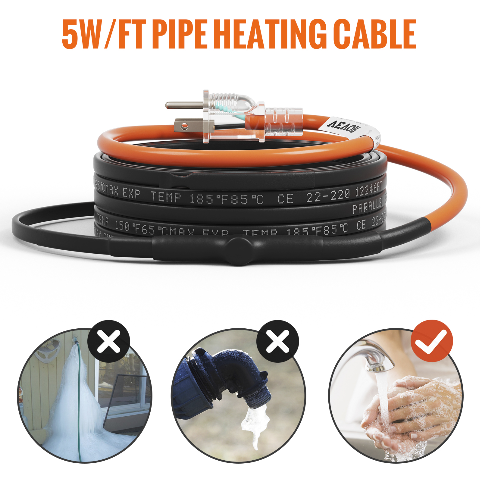 VEVOR Self-Regulating Pipe Heating Cable, 100-feet 5W/ft Heat Tape for  Pipes Freeze Protection, Protects PVC Hose, Metal and Plastic Pipe from  Freezing, 120V
