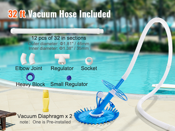 VEVOR Automatic Suction Pool Cleaner, Low Noise Pool Vacuum Cleaner with  Extra Diaphragm, 10 x 32 in Hoses & 36-Fin Disc, Side Climbing Pool  Cleaners for Above-Ground & In-ground Swimming Pool