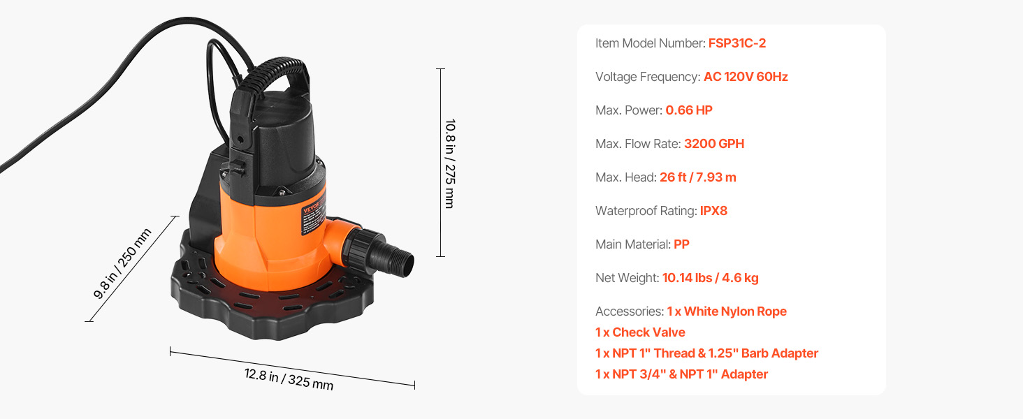 Pool cover pump,0.66hp,3200gph