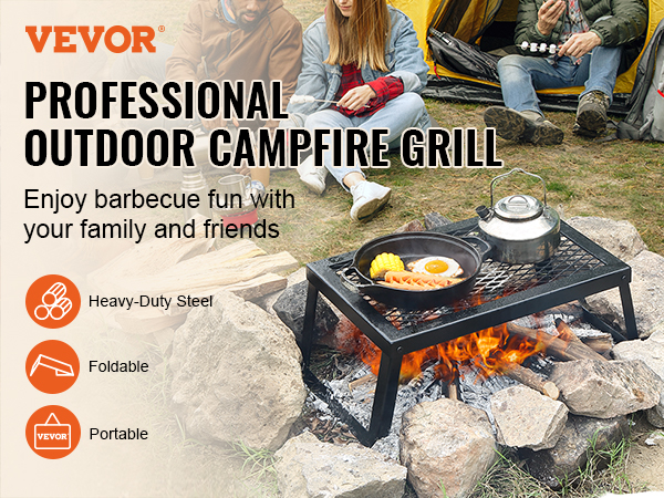 VEVOR Folding Campfire Grill, Heavy Duty Steel Mesh Grate, 22.4 Portable  Camping Grates Over Fire Pit, Camp Fire Cooking Equipment with Legs  Carrying