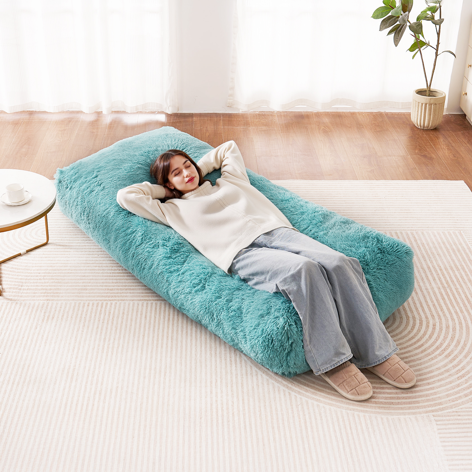 Bean Bag Chair Convertible/with Cover/Armrests for Adult Fluffy Blue/Grey/Black - Picture 20 of 72