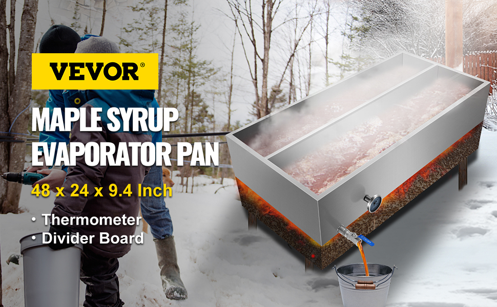 Maple Syrup Evaporator Pan 48x24x9.4 Inch Stainless Steel Maple Syrup  Boiling Pan with Valve and Thermometer and Divided Pan