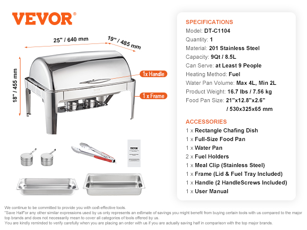 VEVOR Roll Top Chafing Dish Buffet Complete Set 8 Qt Stainless Steel Chafer With Full Size Pan