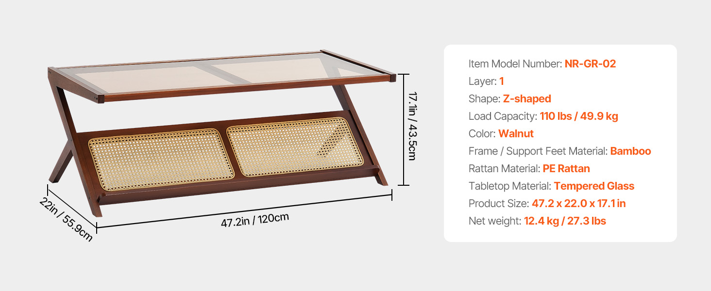 Rattan coffee table,1 layer,47 in