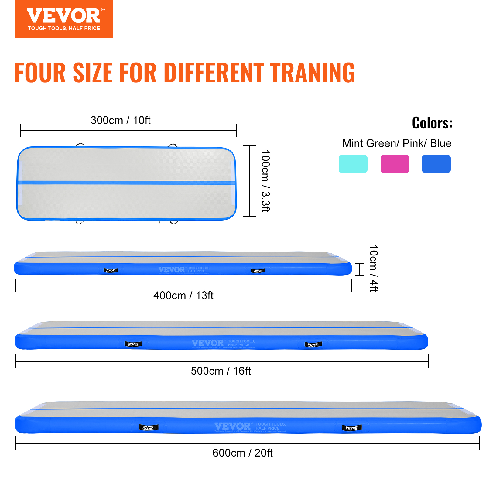 VEVOR 10/20/16FT Air Track Inflatable Training Tumbling Gymnastics Gym Mat