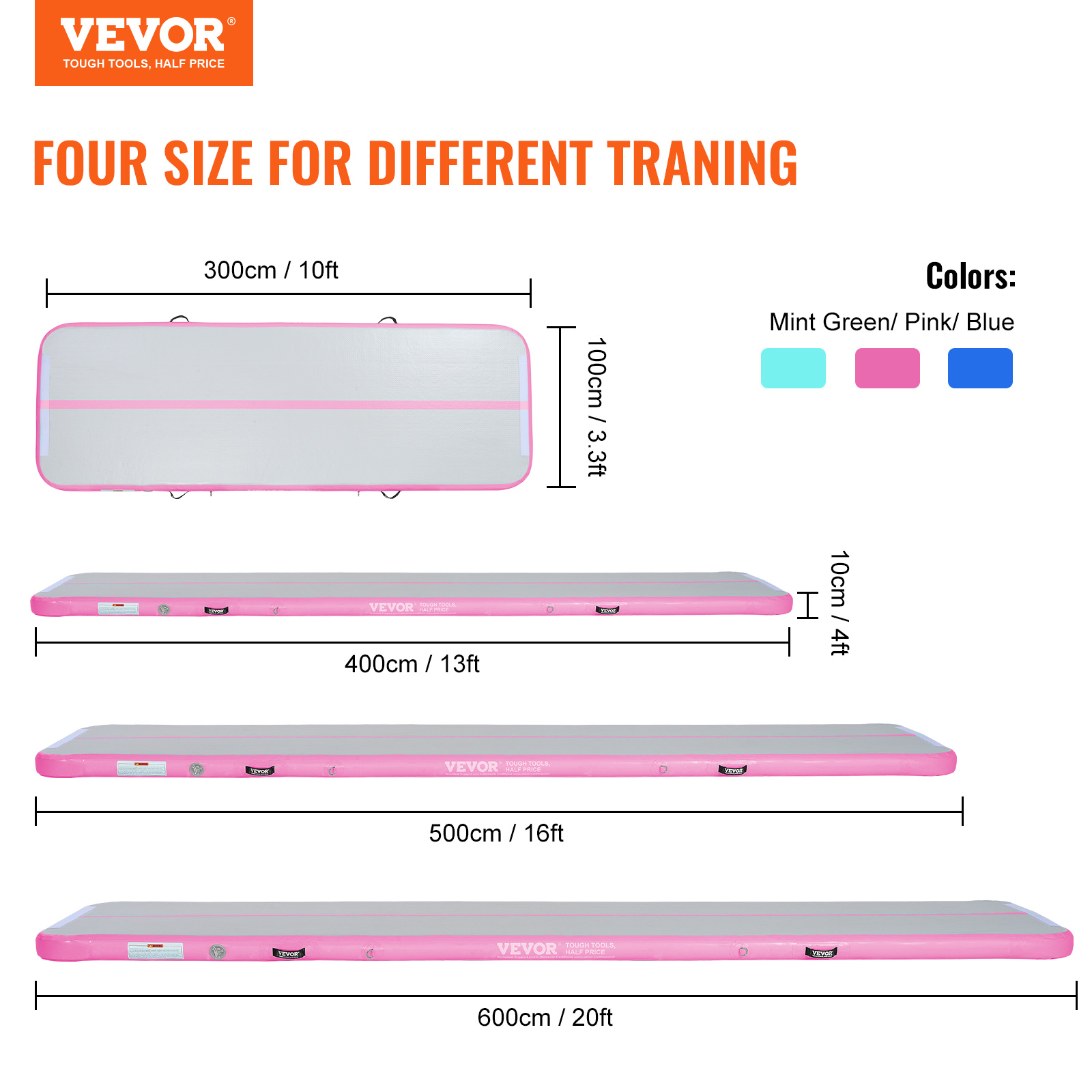 VEVOR 10/20/16FT Air Track Inflatable Training Tumbling Gymnastics Gym Mat