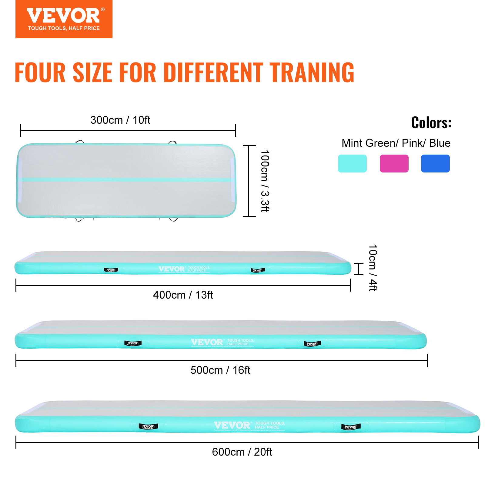 VEVOR 10/20/16FT Air Track Inflatable Training Tumbling Gymnastics Gym Mat