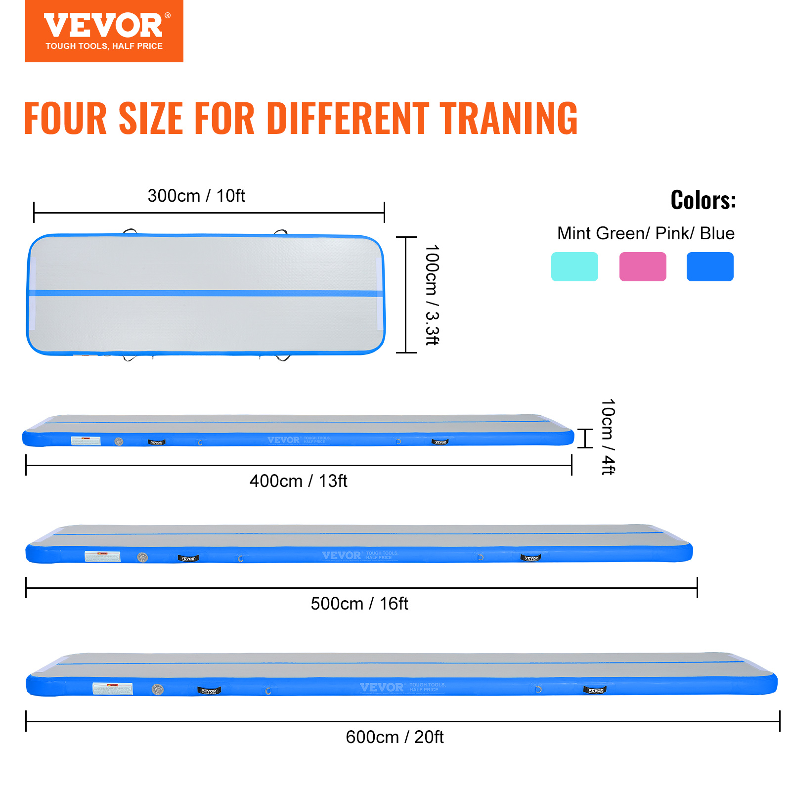 VEVOR 10/20/16FT Air Track Inflatable Training Tumbling Gymnastics Gym Mat