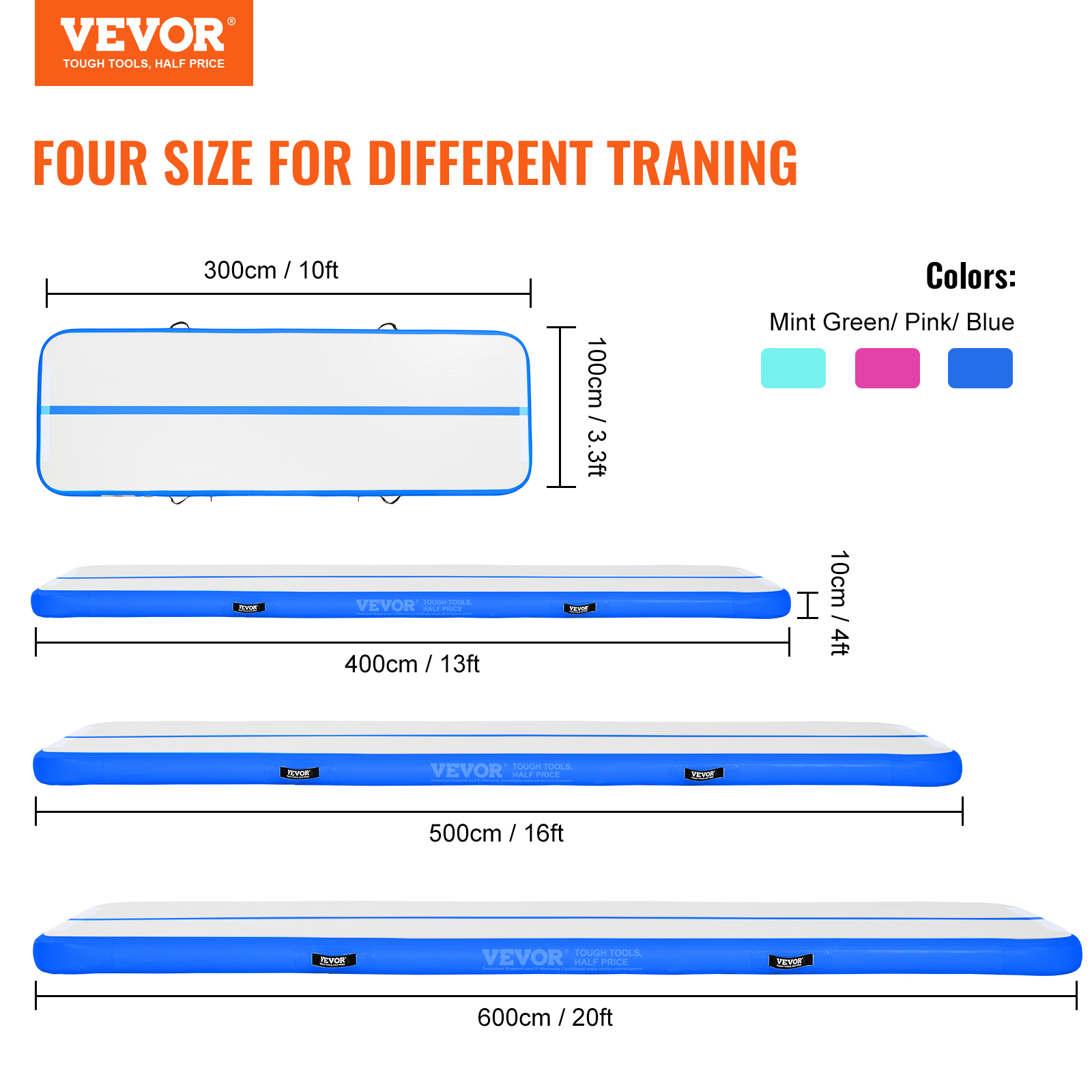 VEVOR 10/20/16FT Air Track Inflatable Training Tumbling Gymnastics Gym Mat