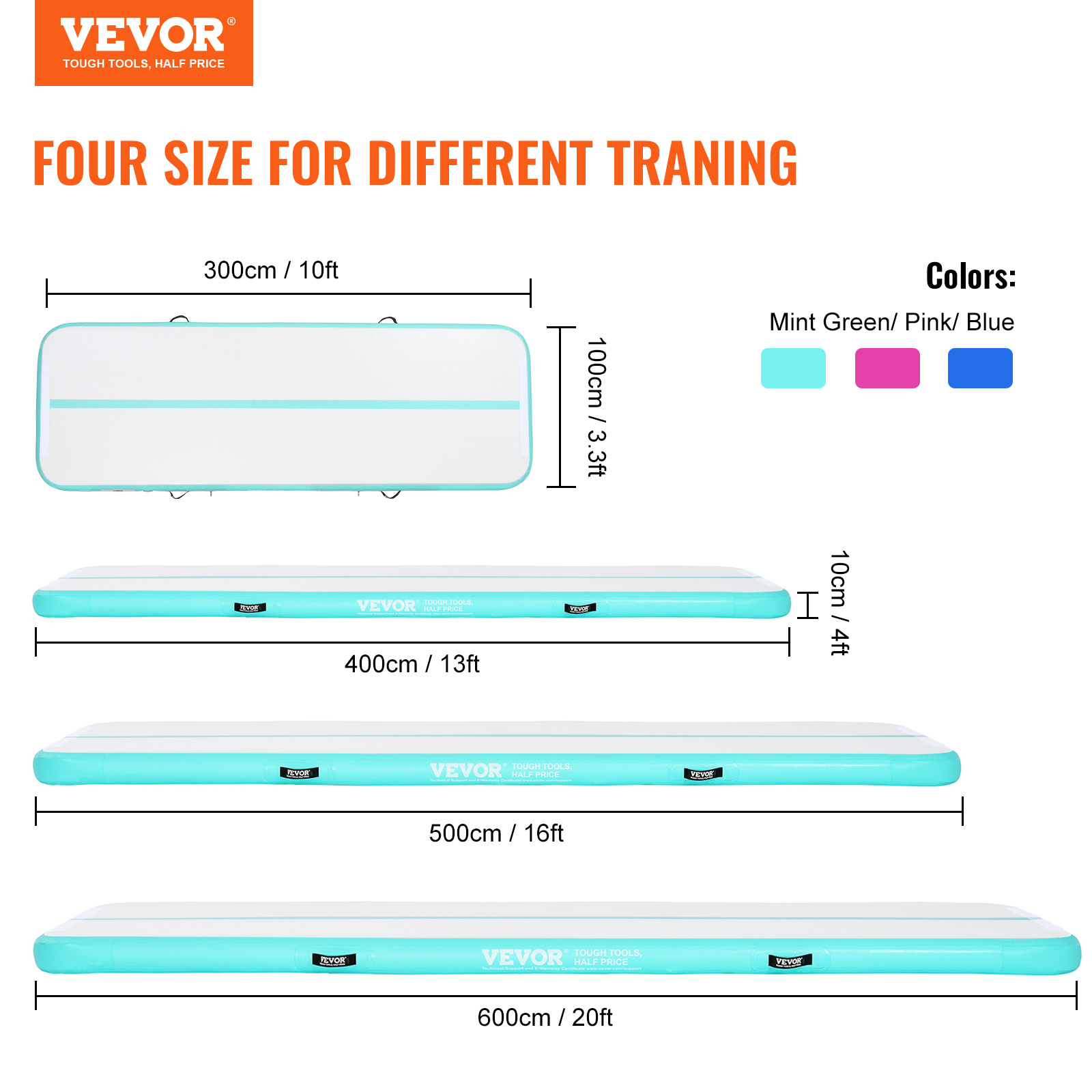 VEVOR 10/20/16FT Air Track Inflatable Training Tumbling Gymnastics Gym Mat