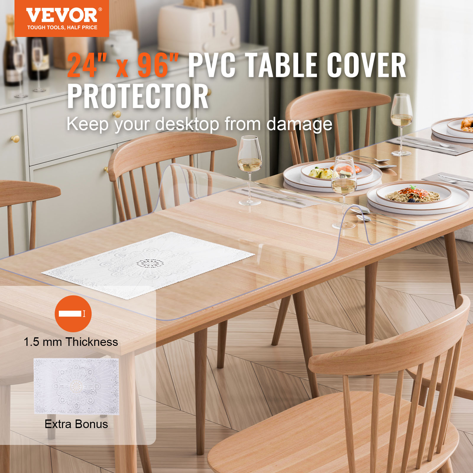VEVOR PVC Table Protector 14x24-42x96 Inch Clear Plastic Desk Protector 1.5/2mm - Picture 28 of 158