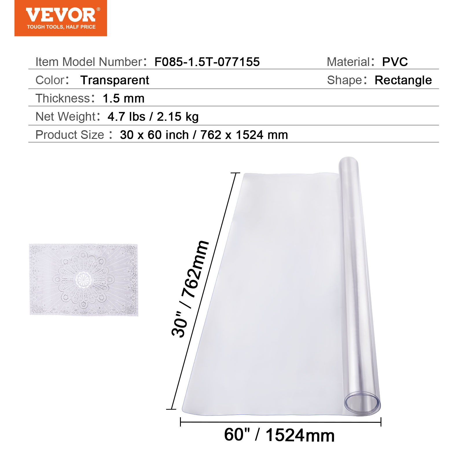 VEVOR PVC Table Protector 14x24-42x96 Inch Clear Plastic Desk Protector 1.5/2mm - Picture 93 of 158