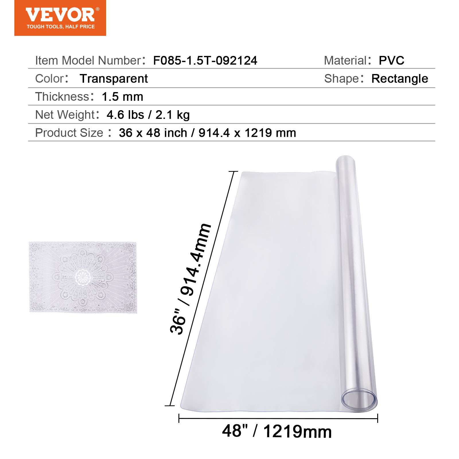 VEVOR PVC Table Protector 14x24-42x96 Inch Clear Plastic Desk Protector 1.5/2mm - Picture 69 of 158