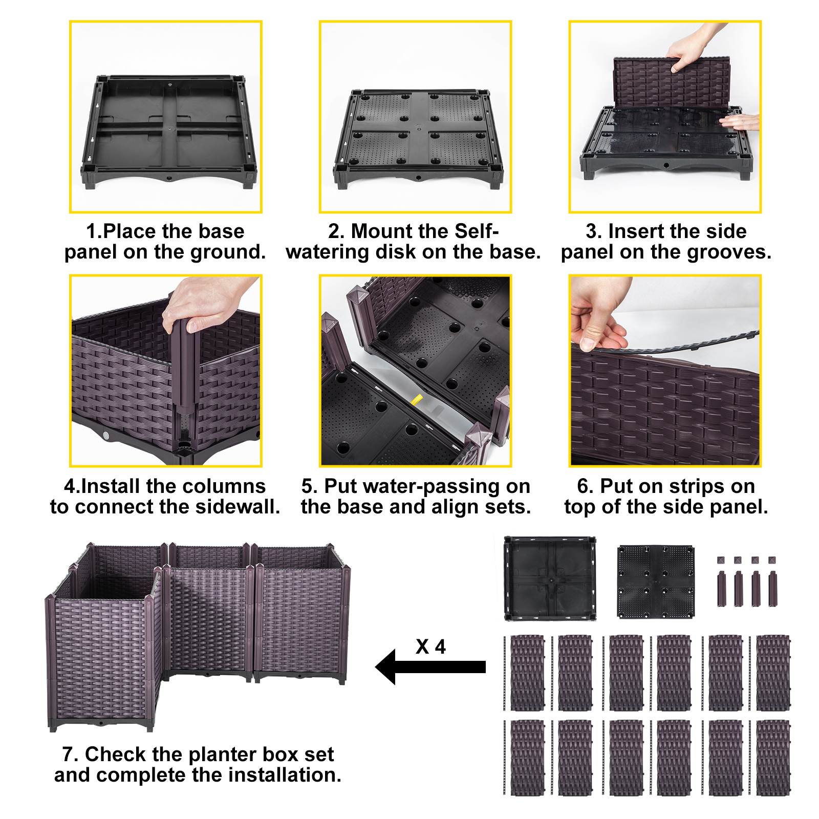 VEVOR Plastic Raised Garden Bed, 20.5H Flower Box Kit, Brown Rattan Style Grow Planter Care Box, Set of 4 Raised Garden Planter, Self-Watering Elevated Herb Planter, Raised Garden Beds in/Outdoor
