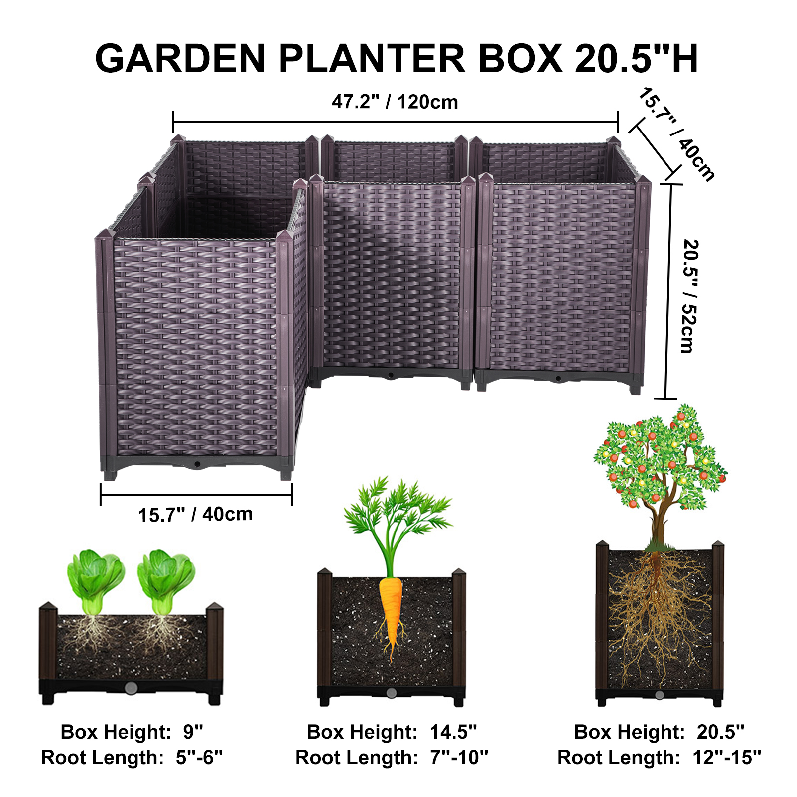VEVOR Plastic Raised Garden Bed, 20.5H Flower Box Kit, Brown Rattan Style Grow Planter Care Box, Set of 4 Raised Garden Planter, Self-Watering Elevated Herb Planter, Raised Garden Beds in/Outdoor