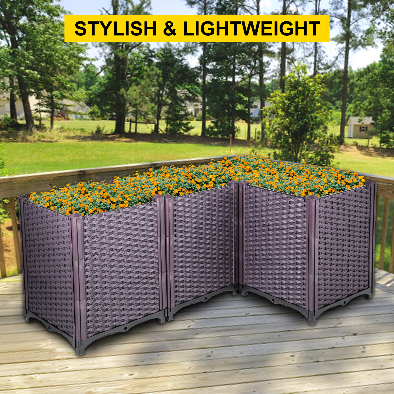 VEVOR Plastic Raised Garden Bed, 20.5H Flower Box Kit, Brown Rattan Style Grow Planter Care Box, Set of 4 Raised Garden Planter, Self-Watering Elevated Herb Planter, Raised Garden Beds in/Outdoor