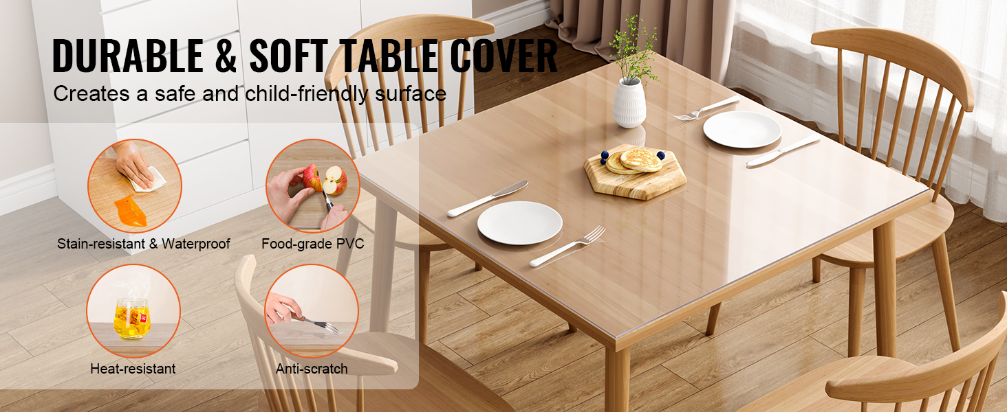 VEVOR Clear Table Cover Protector, 12" x 12"/305 x 305 mm Table Cover, 1.5 mm Thick PVC Plastic Tablecloth, Waterproof Desktop Protector for Writing Desk, Coffee Table, Dining Room Table