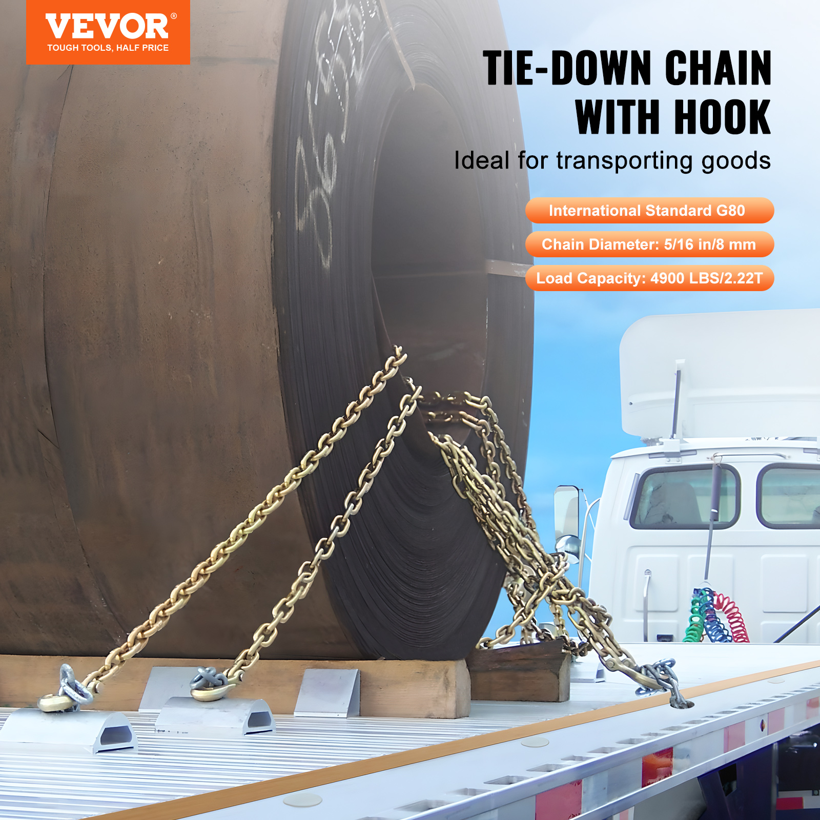 VEVOR 5/16"x10' Binder Chain G80 Tie Down Tow Chain with Hooks  2 Pack 4900 lbs