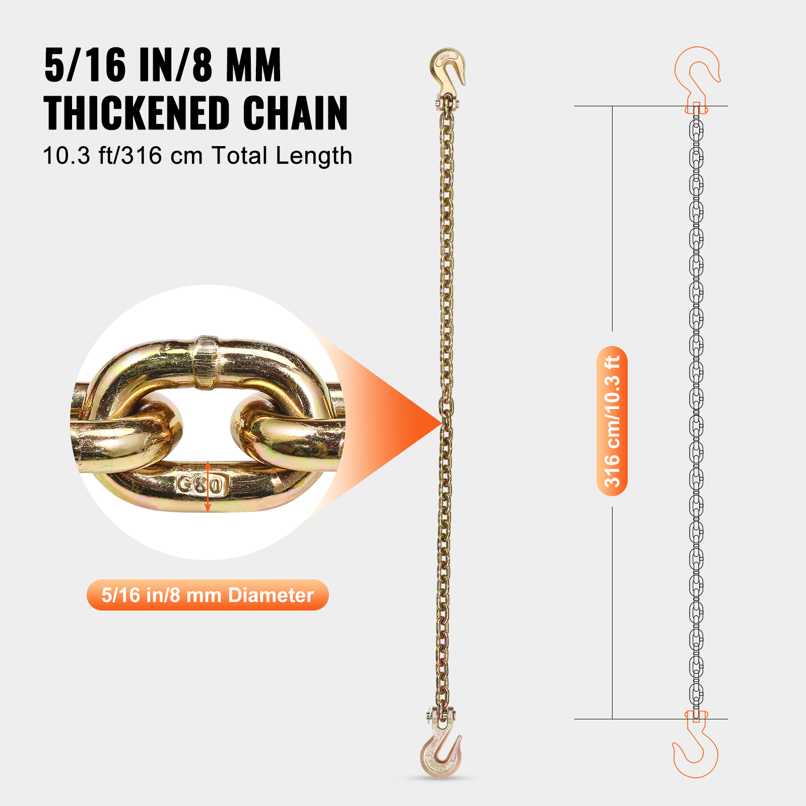 VEVOR 5/16"x10' Binder Chain G80 Tie Down Tow Chain with Hooks  2 Pack 4900 lbs