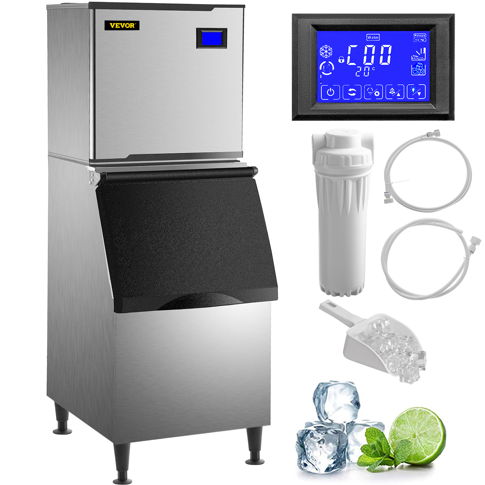110 LBS VEVOR 2 in 1 Commercial Ice Maker with Water Dispenser 110LBS in 24 Hrs 14LBS Storage 45 Cubes in One Cycle W/Scoop Perfect for Home Office Snack Bar 