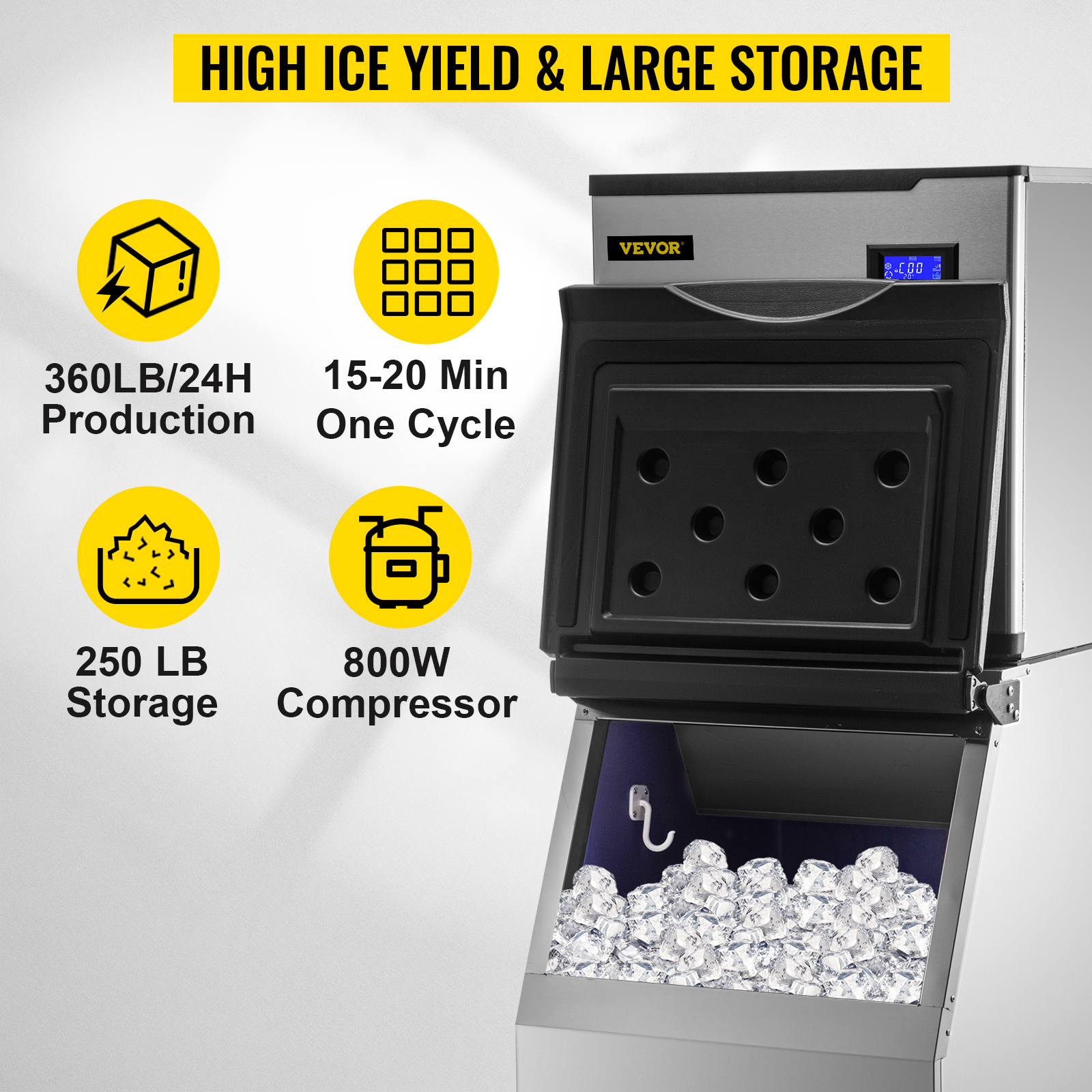 VEVOR Máquina de hielo comercial VEVOR de 110 V, 360 libras/24 horas,  máquina de hielo industrial modular de acero inoxidable con cubo de  almacenamiento grande de 250 libras, 195 cubitos de hielo
