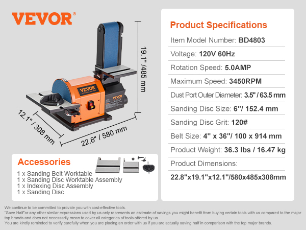 VEVOR Belt Disc Sander Combo, 6" Disc Sander and 4" x 36" Belt Sander with 5A Induction Motor 3450RPM, 0-90° Tiltable Belt and 0-45° Adjustable Cast Aluminum Worktable for Woodworking, Metalworking