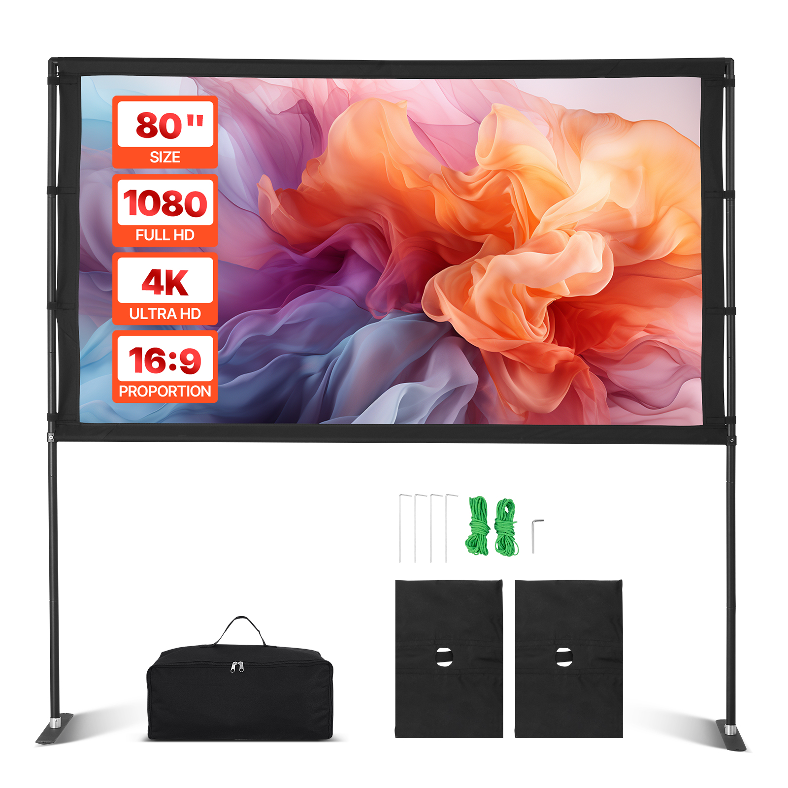 VEVOR Projector Screen with 2 Stands 80/84/100 Inch 160° Wide Angle 4K HD 16:9