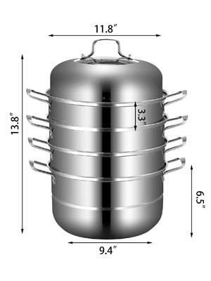 VEVOR dumpling steamer with multiple layers and dimensions labeled.