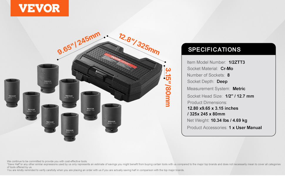 VEVOR Axle Nut Impact Socket Set 1/2" Drive Deep 12Point 8PCS Metric