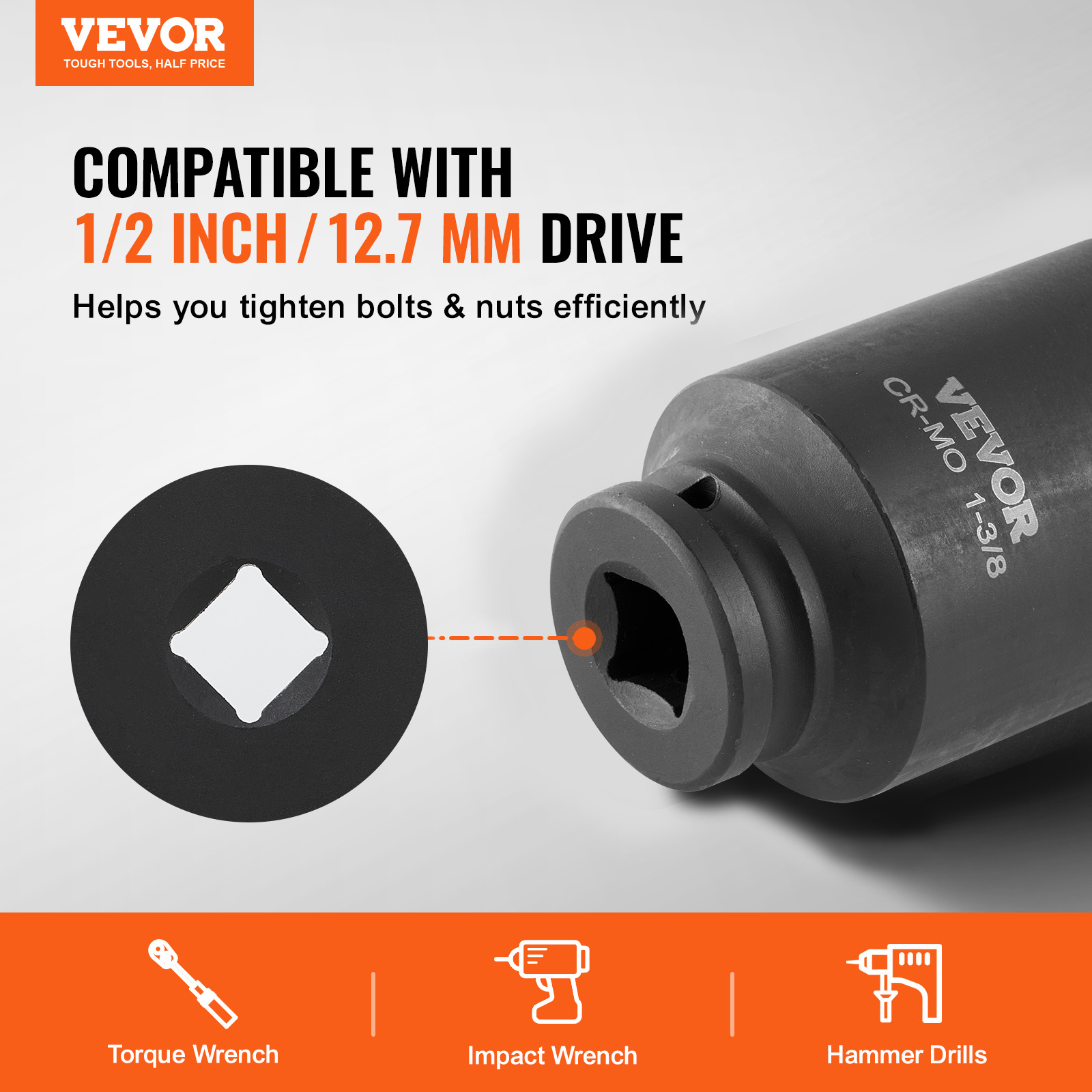 VEVOR Axle Nut Impact Socket Set 1/2" Drive Deep 12-Point 8PCS Metric Nut Socket