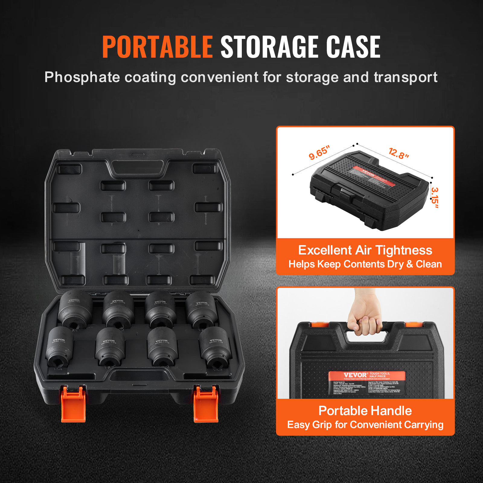 VEVOR Axle Nut Impact Socket Set 1/2" Drive Deep 12-Point 8PCS Metric Nut Socket