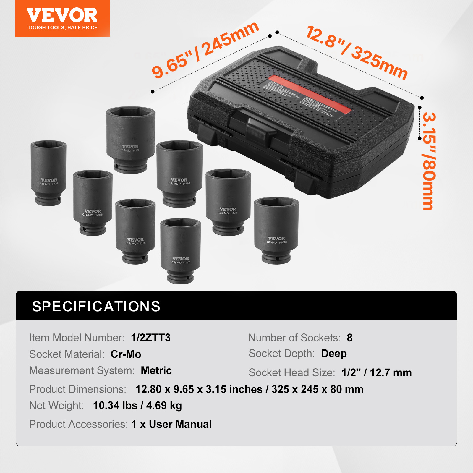 VEVOR Axle Nut Impact Socket Set 1/2" Drive Deep 12-Point 8PCS Metric Nut Socket