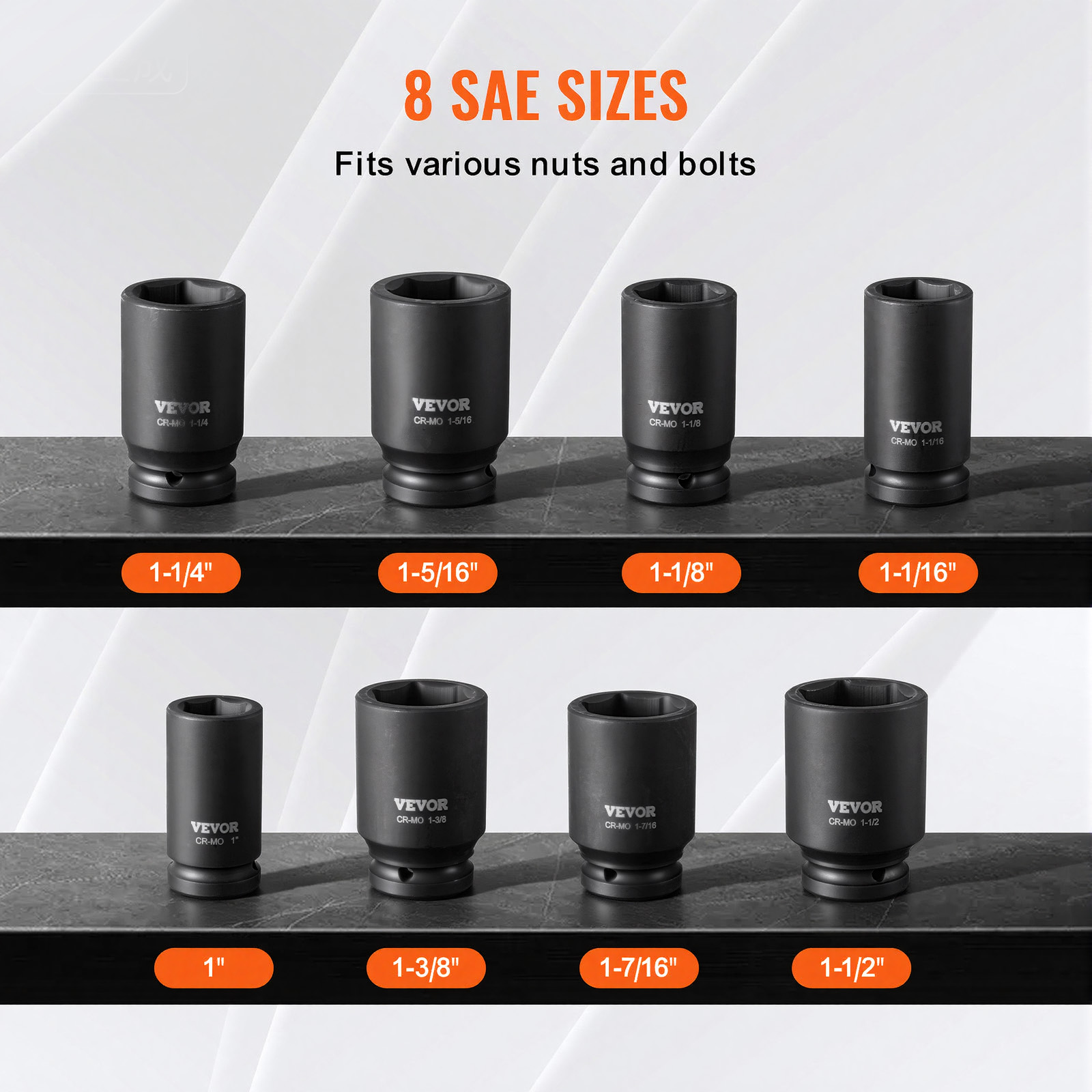 VEVOR Axle Nut Impact Socket Set 3/4" Deep Drive 6-Point 8PCS SAE Spindle Socket