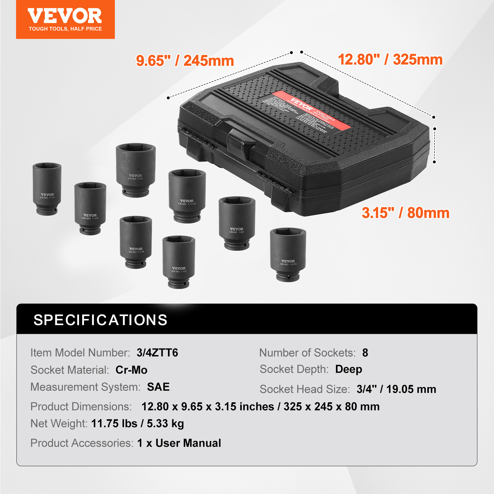 VEVOR Axle Nut Impact Socket Set 3/4" Deep Drive 6-Point 8PCS SAE Spindle Socket