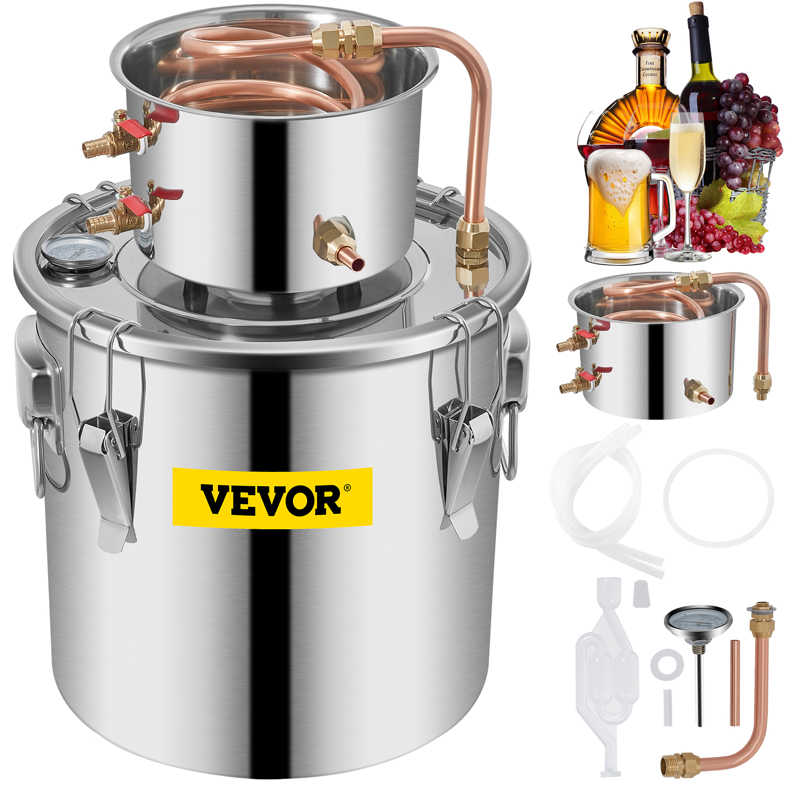 Ejoyous 3 Pot Stainless Steel Water Alcohol Distiller System Copper Tube Boiler Small Home Brew Wine Making Kit Water Distiller for DIY Whisky Wine Brandy 20L 5 Gallons Silver 