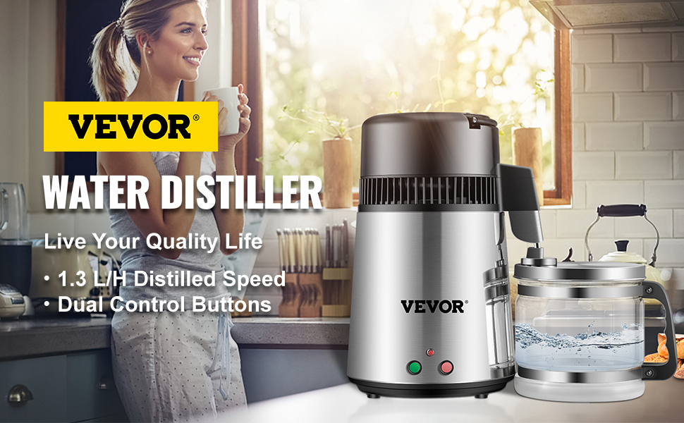 VEVOR Silver Water Distiller 1.1 Gallon/4 L Stainless Steel Water Purifier Distiller 750W Water Distillation Countertop Water Distiller Machine with Connection Bottle Glass Container for Offices Home