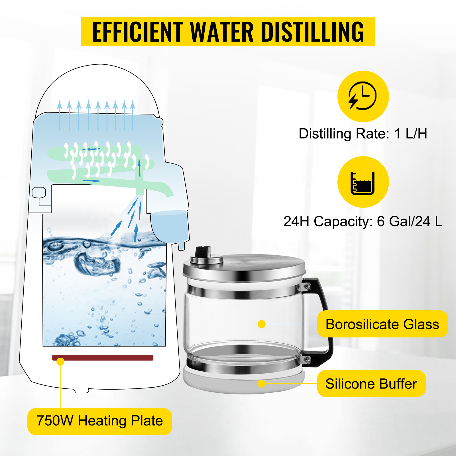 4l Water Distiller Purifier Filter Glass Jar Temperature Controlled 750w