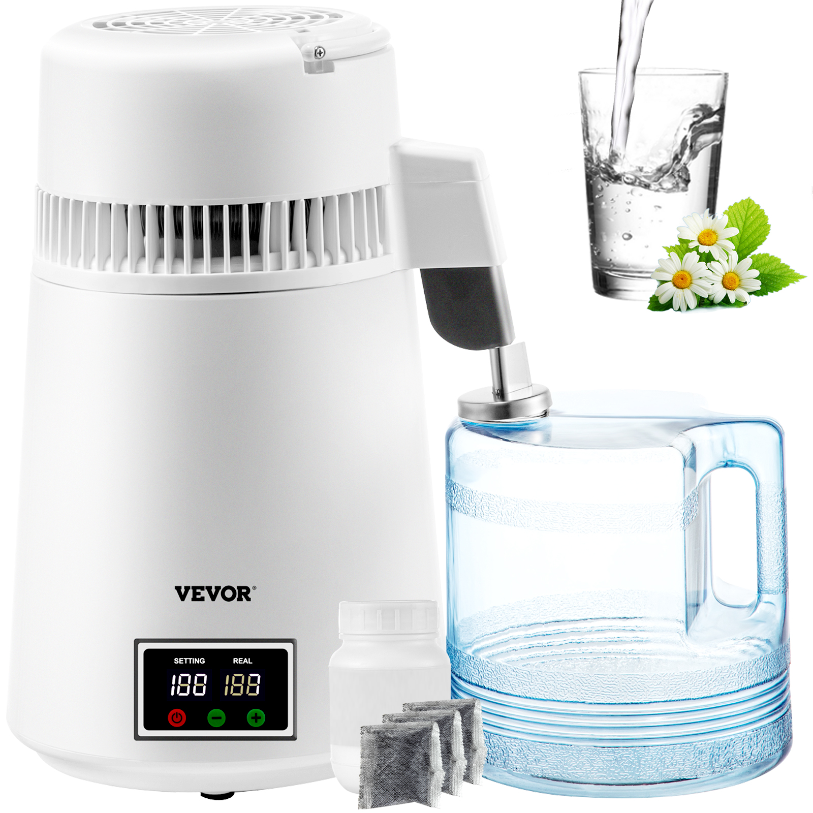 VEVORbrand Pure Water Distiller 750W, Purifier Filter Fully Upgraded with  Handle 1.1 Gal /4L, BPA Free Container, Perfect for Home Use, White