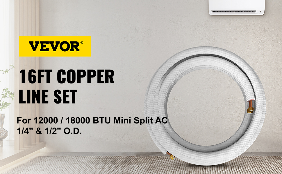 VEVOR Mini Split Copper Line Set 16ft Length, 1/2