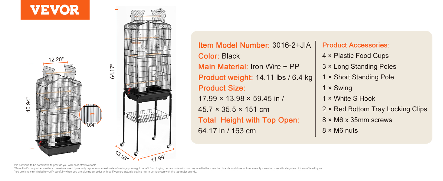 VEVOR Large Bird Cage 62 in Rolling Metal Parakeet Cage for Cockatiels Parrot