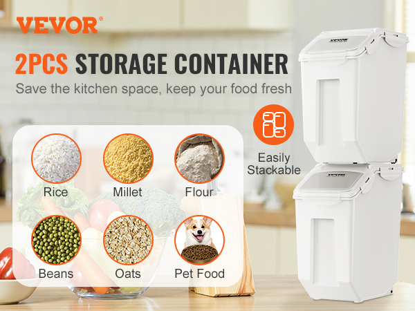 VEVOR Ingredient Storage Bin 2 x 15L Dispenser Bin with 2 Measuring Cups Attachable Casters and Airtight Lid 2 Pcs/Set Dog Pet Food Storage