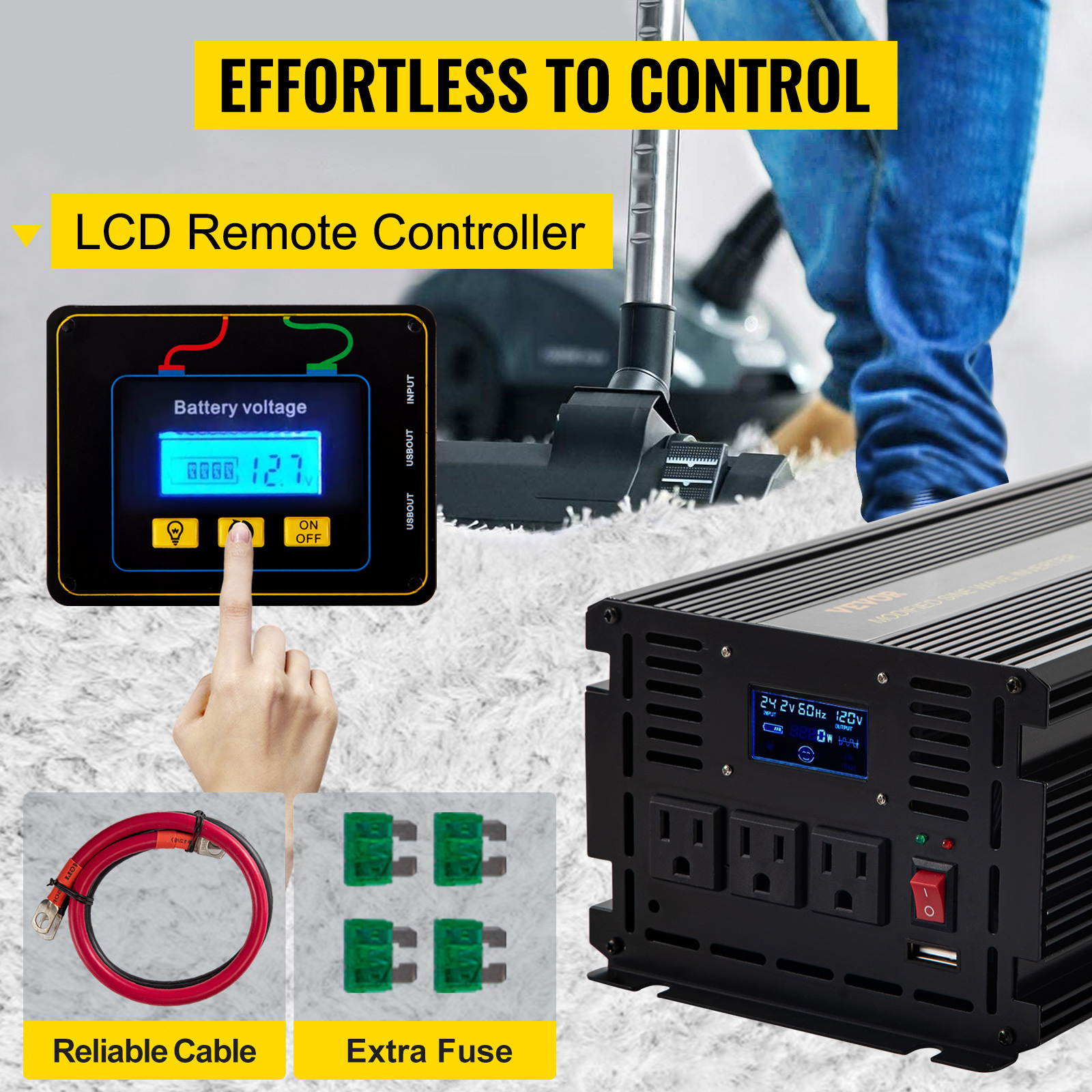VEVOR Power Inverter, 2000W Modified Sine Wave Inverter, DC 24V to AC 120V Car Converter, with LCD Display, Remote Controller, LED Indicator, AC Outlets Inverter for Truck RV Car Boat Travel Camping