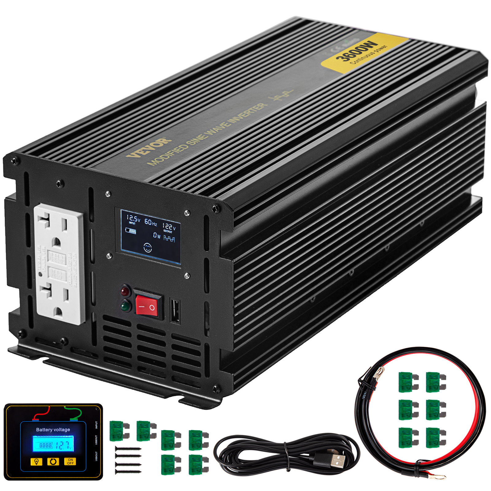 VEVOR Power Inverter, 3600W Modified Sine Wave Inverter, DC 12V to AC 120V Car Converter, with LCD Display, Remote Controller, LED Indicator, GFCI