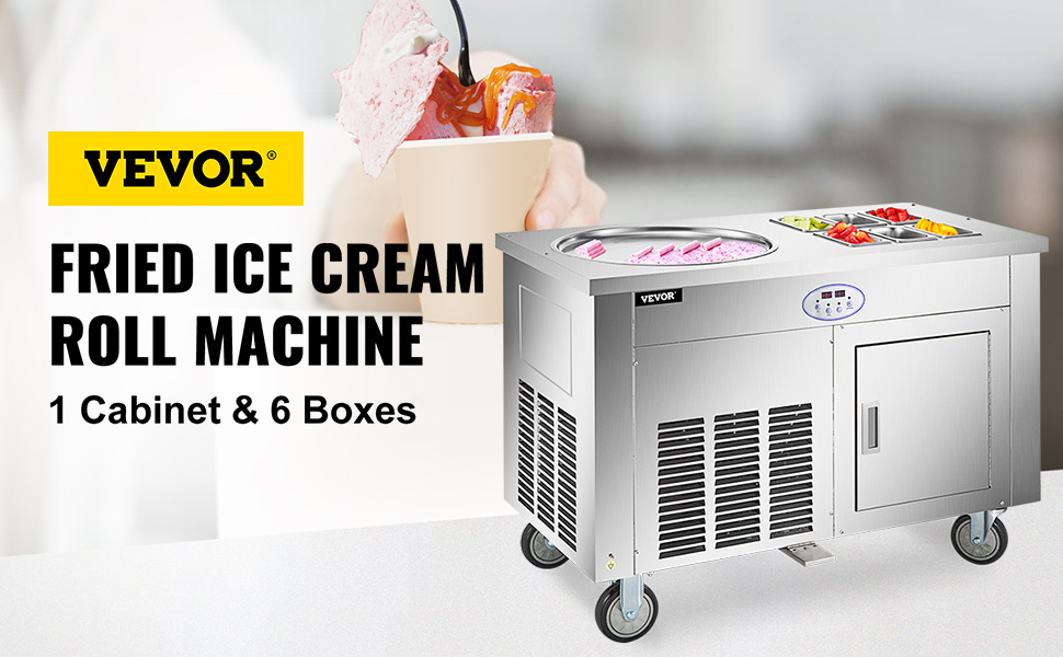 Commercial Rolled Ice Cream Machine, Stir-Fried Ice Roll Machine Single  Pan, Stainless Steel Ice Cream Roll Maker Refrigerated Cabinet 6 Boxes,  Roll