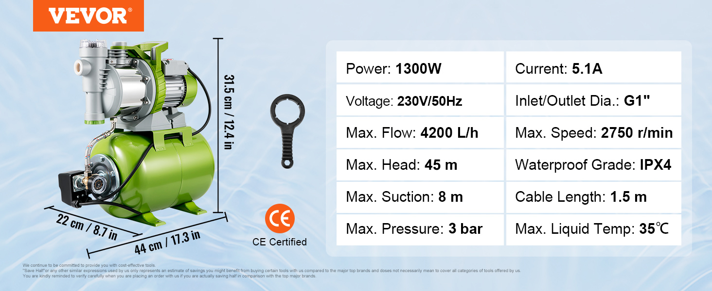 Čerpadlo VEVOR pro mělké studny s tlakovou nádrží, 1300 W 230 V, 4200 l/h 50 m dopravní výška 5 bar, přenosná nerezová automatická trysková čerpadla s posilovačem vody s předfiltrem pro zavlažování trávníků v domácnosti, přečerpávání vody