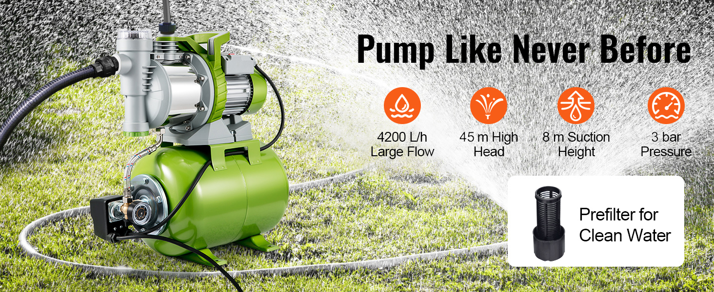 VEVOR Shallow Well Pump with Pressure Tank, 1300W 230V, 4200L/h 50 m ...